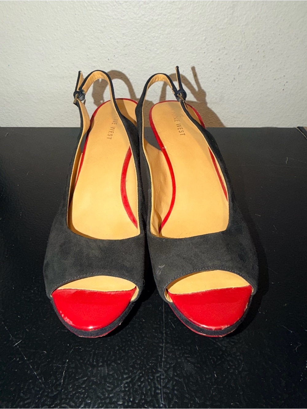 Nine West Black Suede Slingback Heels with Red Patent Toes